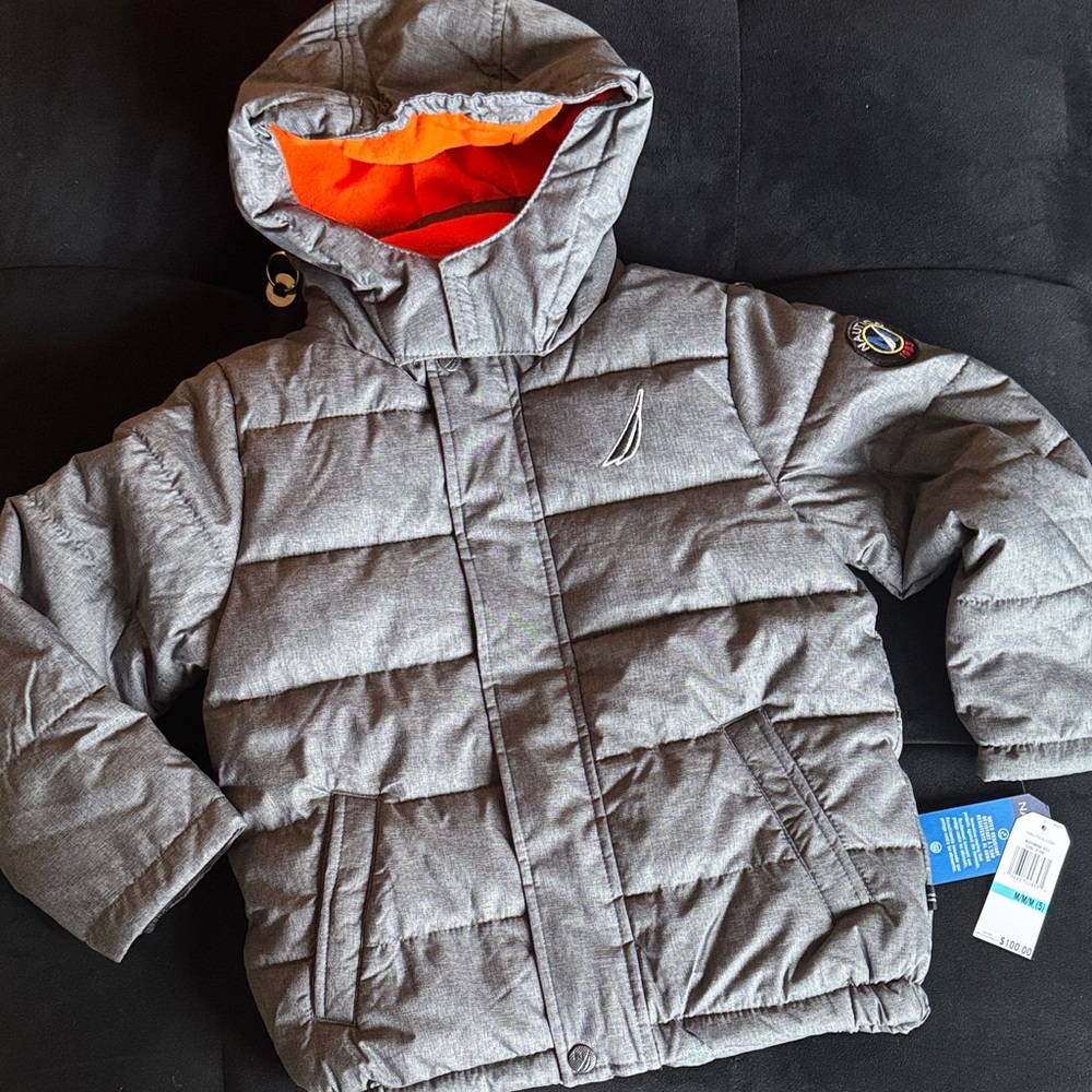 Nautica Kids Gray Puffer Jacket with Orange Hood